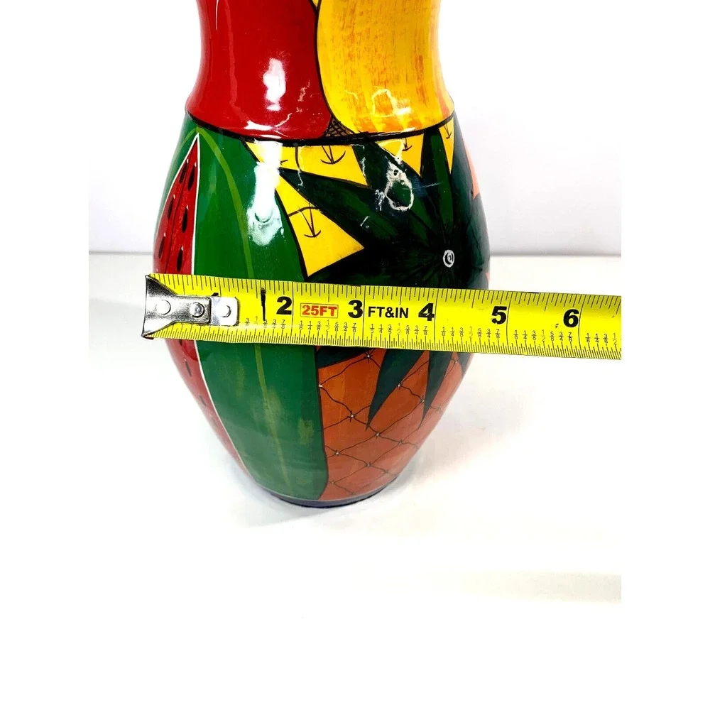 Hand Painted Mexican Pottery Vase  Folk Art Fruit Design Multi - Tropical Color‎